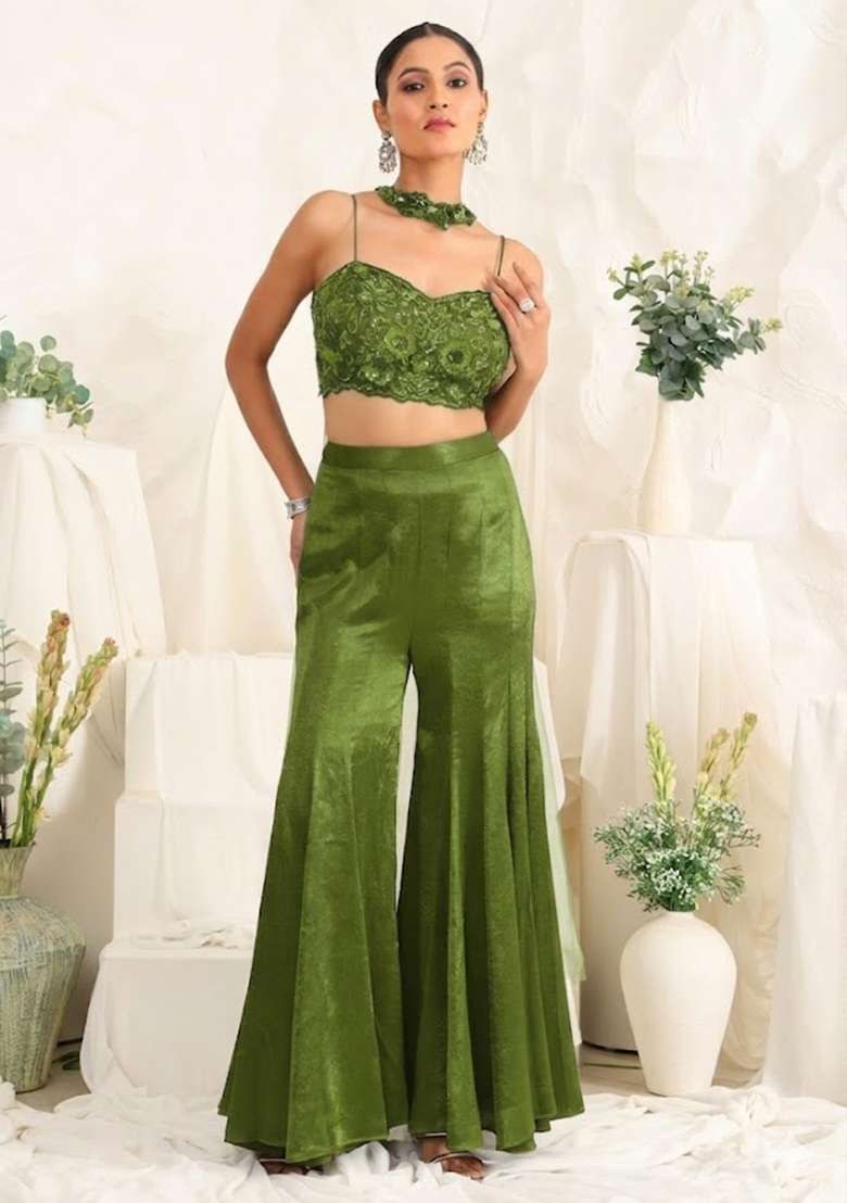 Light Green Hand Work Sequin Satin Fusion Set - Indya