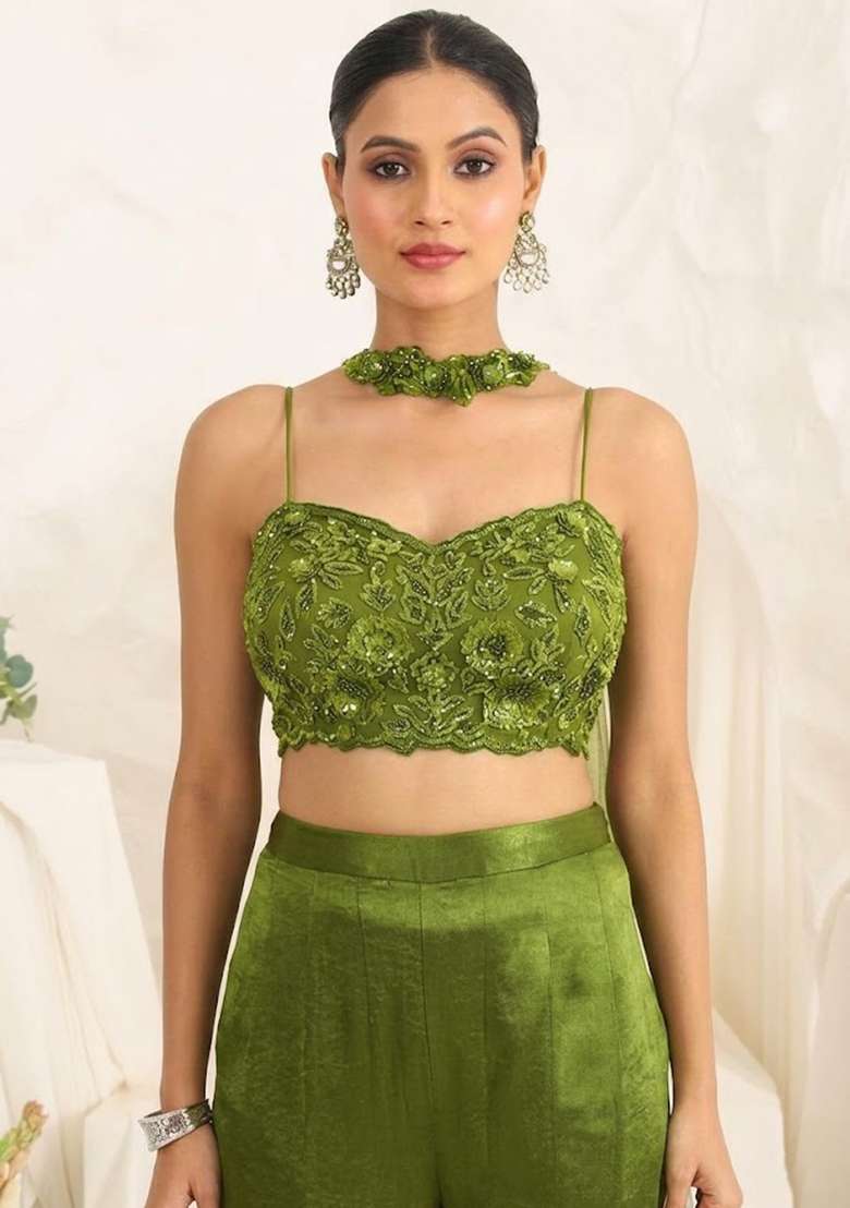 Light Green Hand Work Sequin Satin Fusion Set - Indya