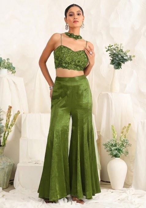 Light Green Hand Work Sequin Satin Fusion Set