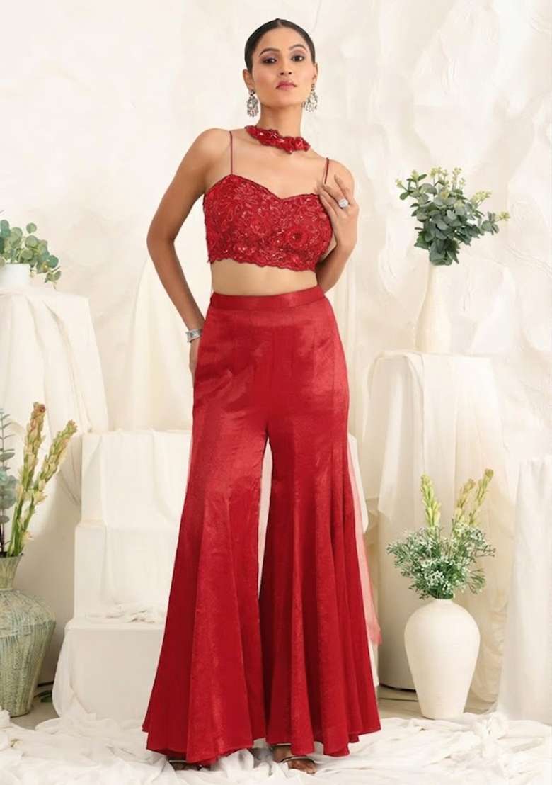 Deep Red Hand Work Sequin Satin Fusion Set - Indya
