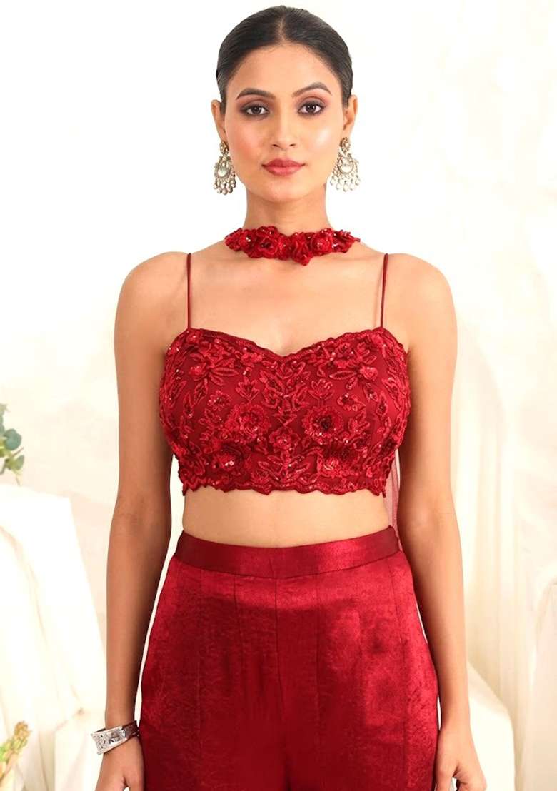 Deep Red Hand Work Sequin Satin Fusion Set - Indya