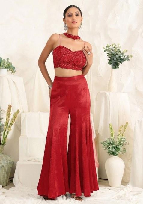 Deep Red Hand Work Sequin Satin Fusion Set