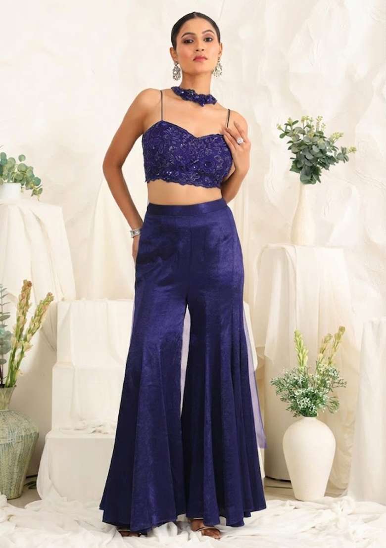 Violet Hand Work Sequin Satin Fusion Set - Indya