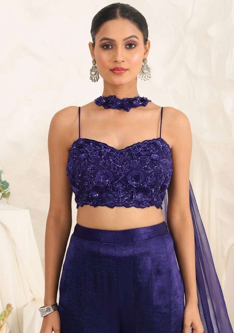Violet Hand Work Sequin Satin Fusion Set - Indya