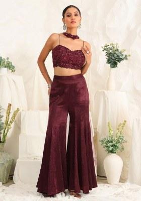 Wine Red Hand Work Sequin Satin Fusion Set