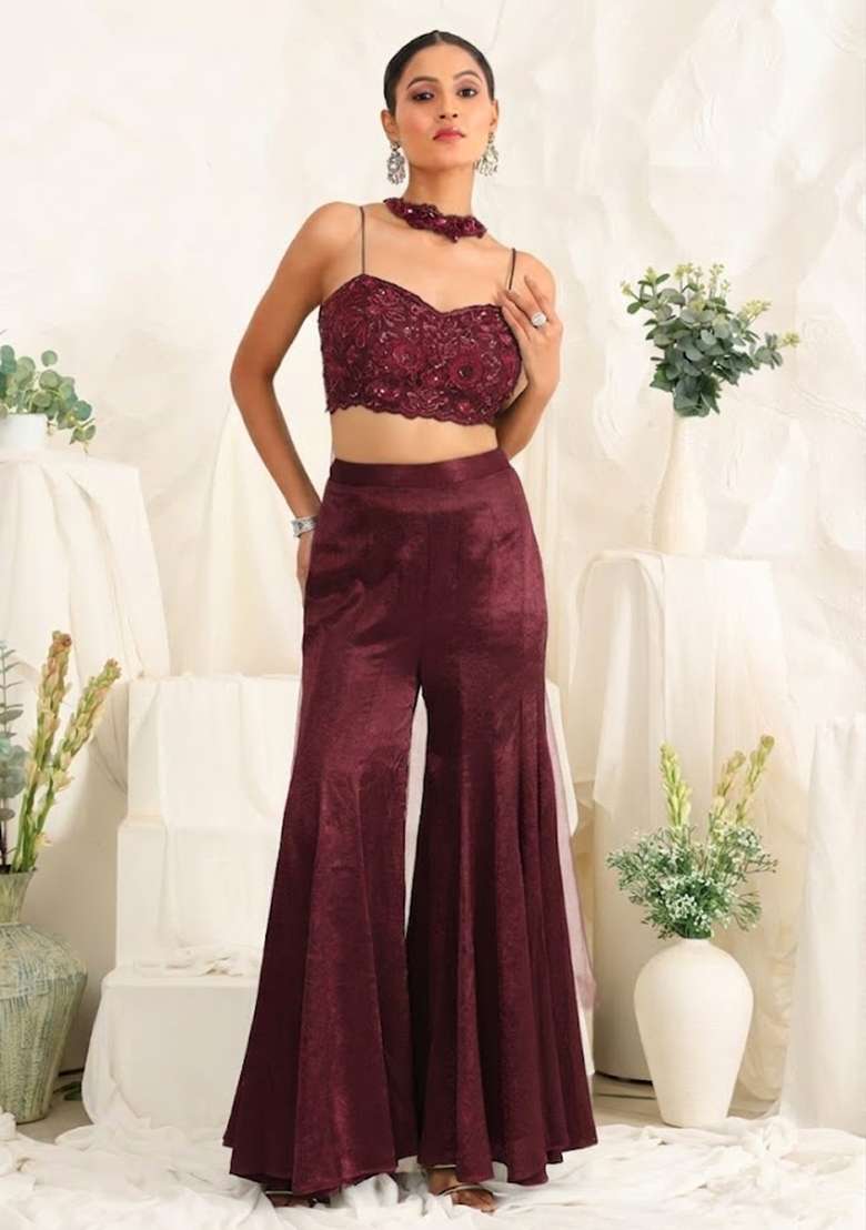 Wine Red Hand Work Sequin Satin Fusion Set - Indya