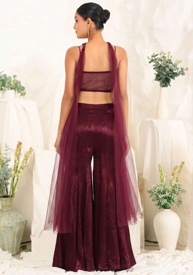 Wine Red Hand Work Sequin Satin Fusion Set - Indya