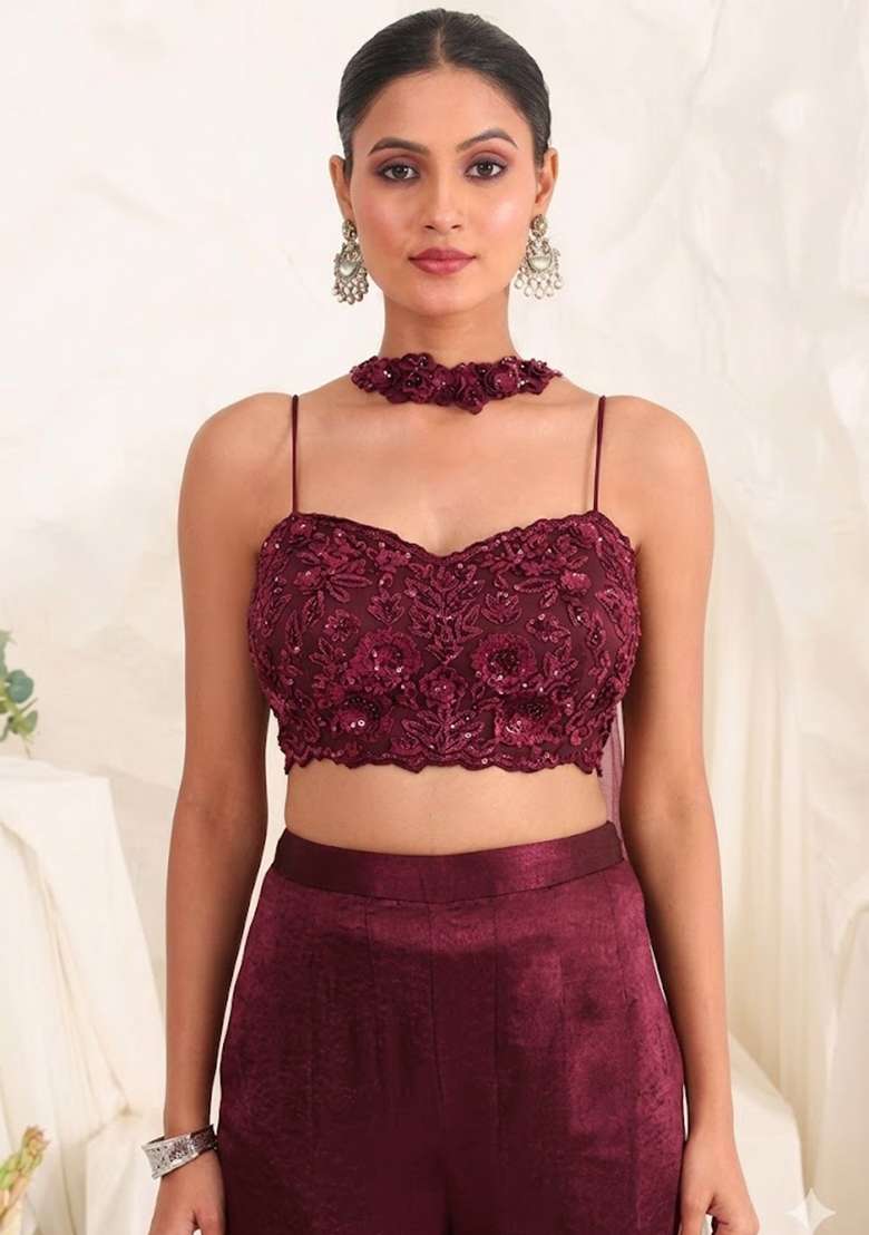 Wine Red Hand Work Sequin Satin Fusion Set - Indya