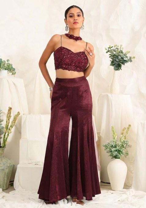 Wine Red Hand Work Sequin Satin Fusion Set