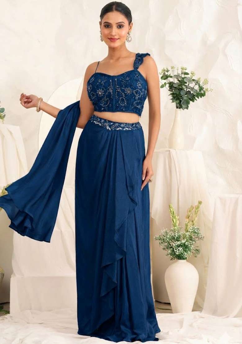 Deep Blue Hand Work Sequin Crepe Fusion Set - Indya