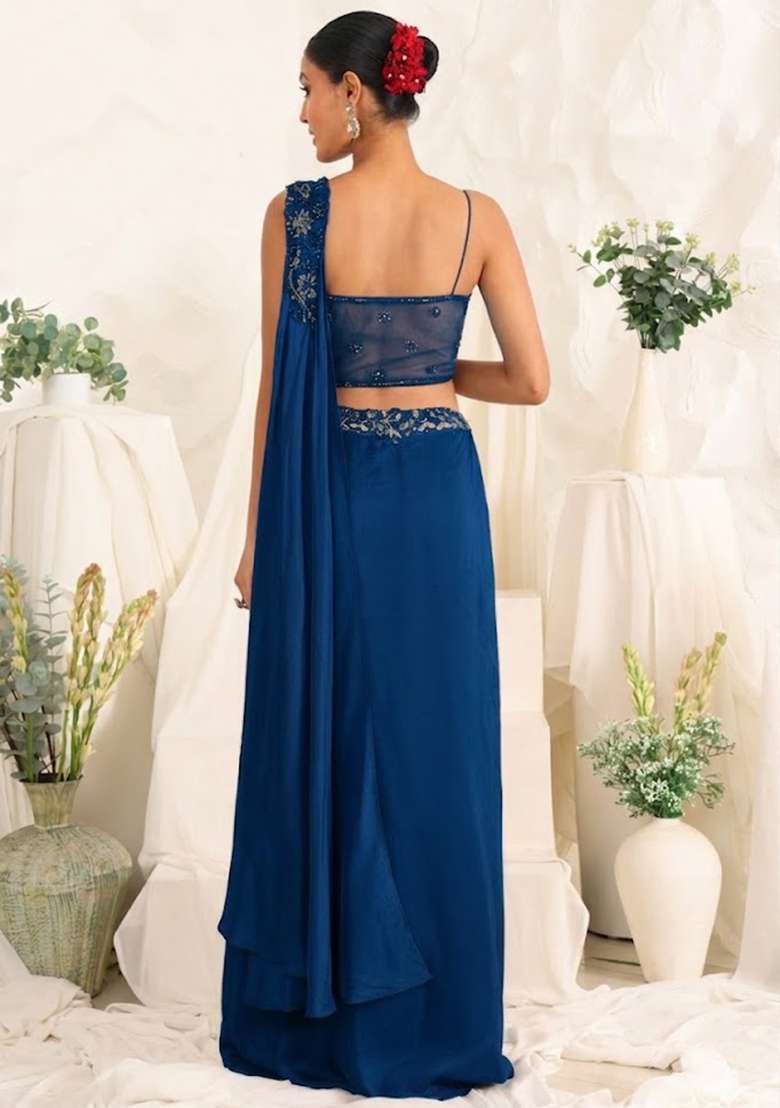 Deep Blue Hand Work Sequin Crepe Fusion Set - Indya