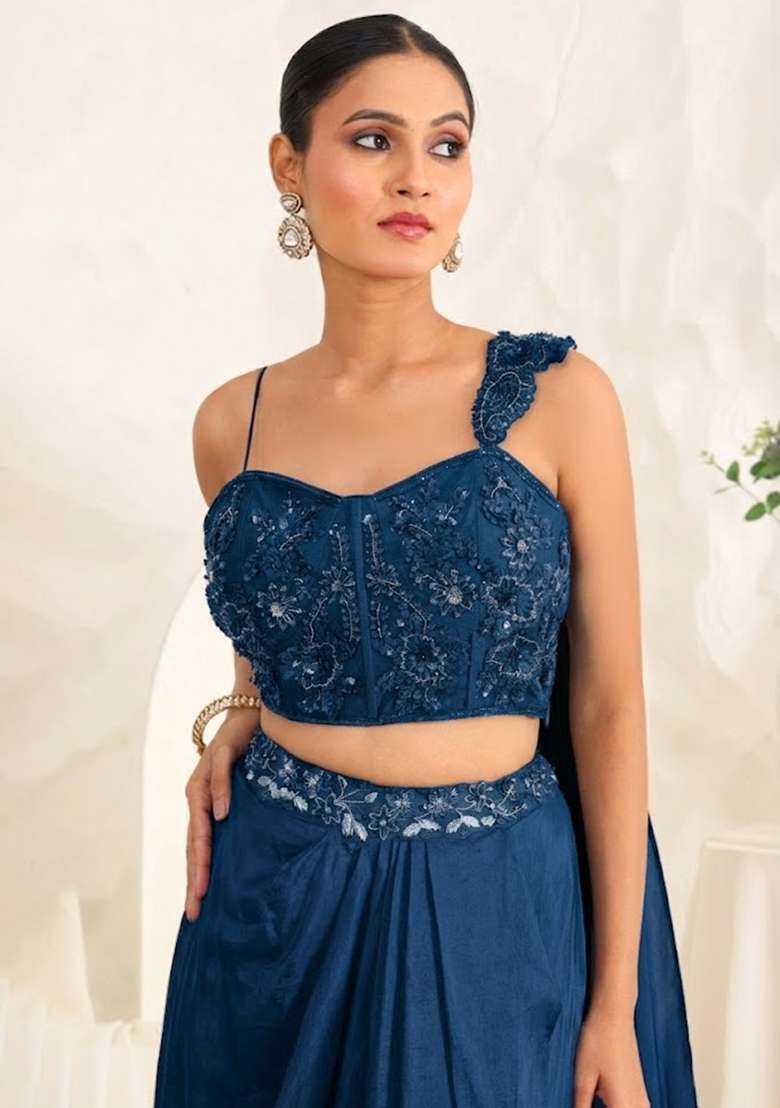 Deep Blue Hand Work Sequin Crepe Fusion Set - Indya