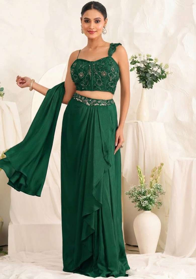 Light Green Hand Work Sequin Crepe Fusion Set - Indya