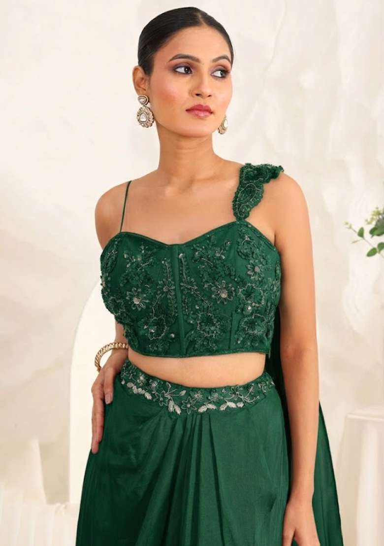Light Green Hand Work Sequin Crepe Fusion Set - Indya