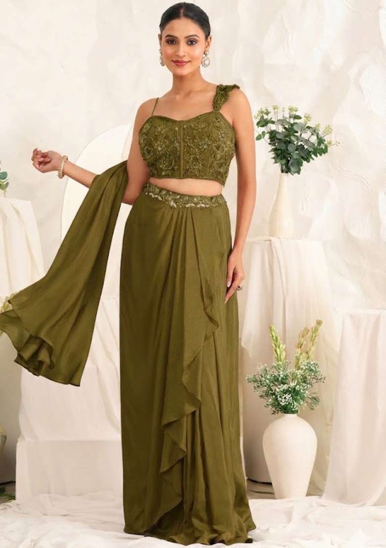 Olive Green Hand Work Sequin Crepe Fusion Set - Indya