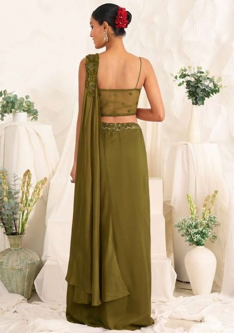 Olive Green Hand Work Sequin Crepe Fusion Set - Indya