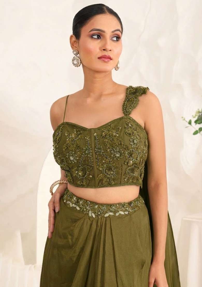 Olive Green Hand Work Sequin Crepe Fusion Set - Indya