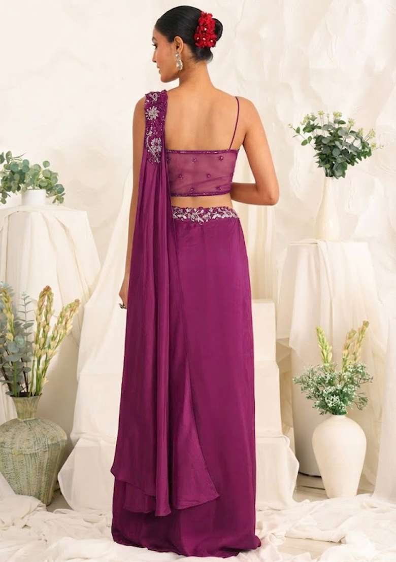 Violet Hand Work Sequin Crepe Fusion Set - Indya