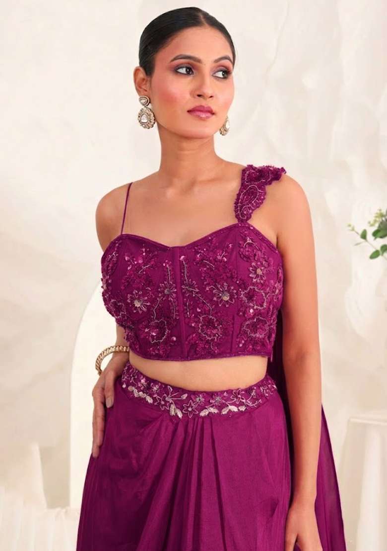 Violet Hand Work Sequin Crepe Fusion Set - Indya