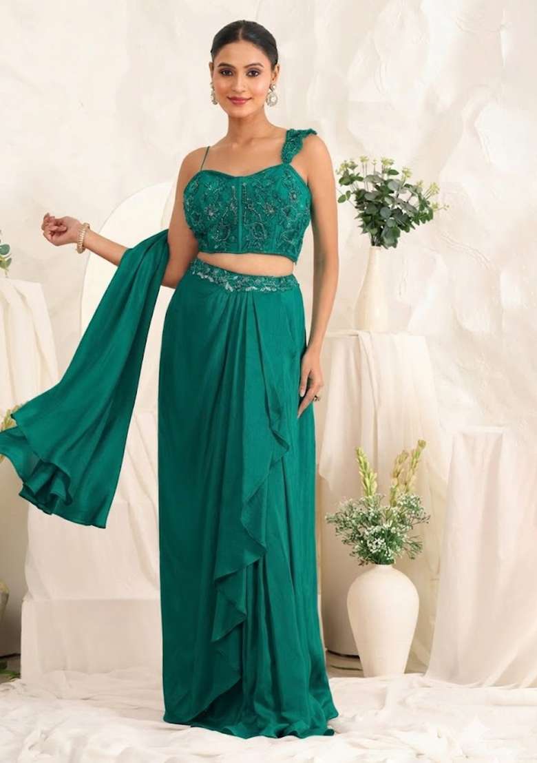 Teal Hand Work Sequin Crepe Fusion Set - Indya