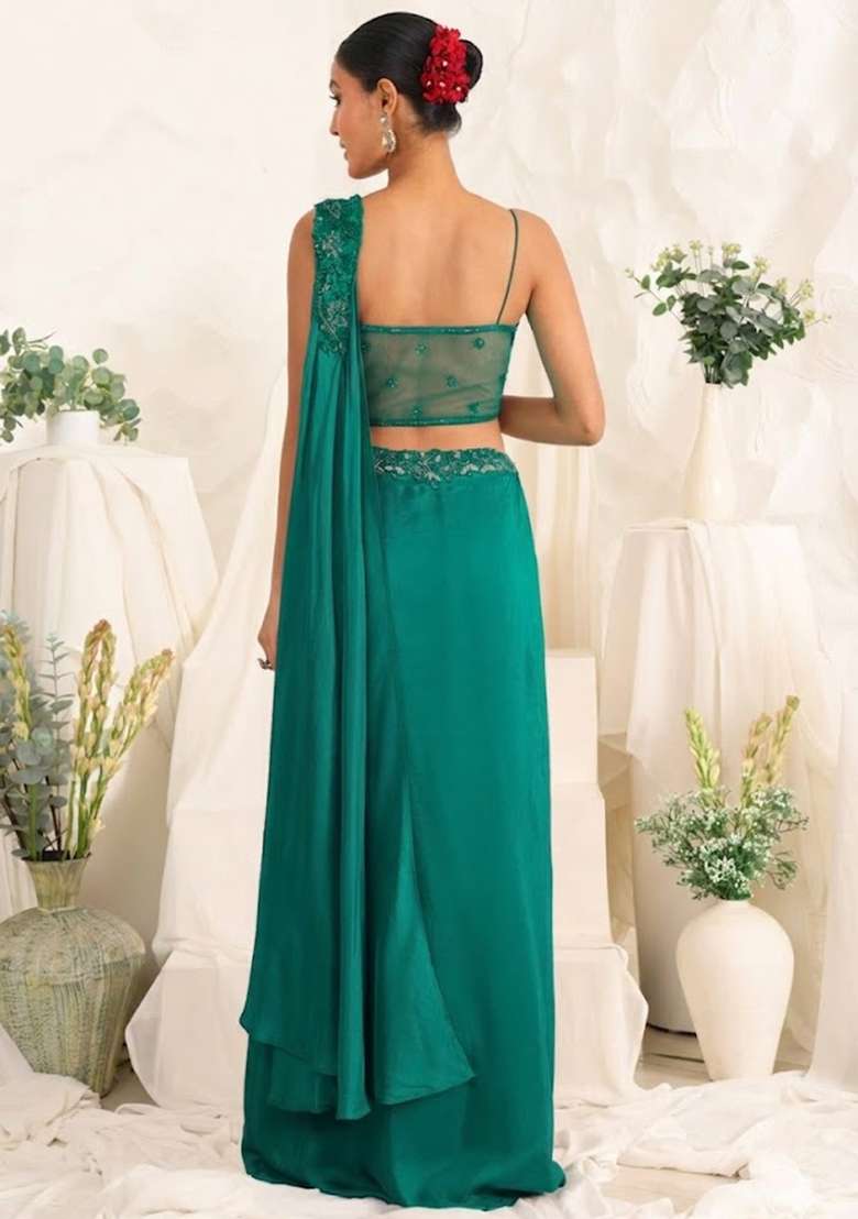 Teal Hand Work Sequin Crepe Fusion Set - Indya