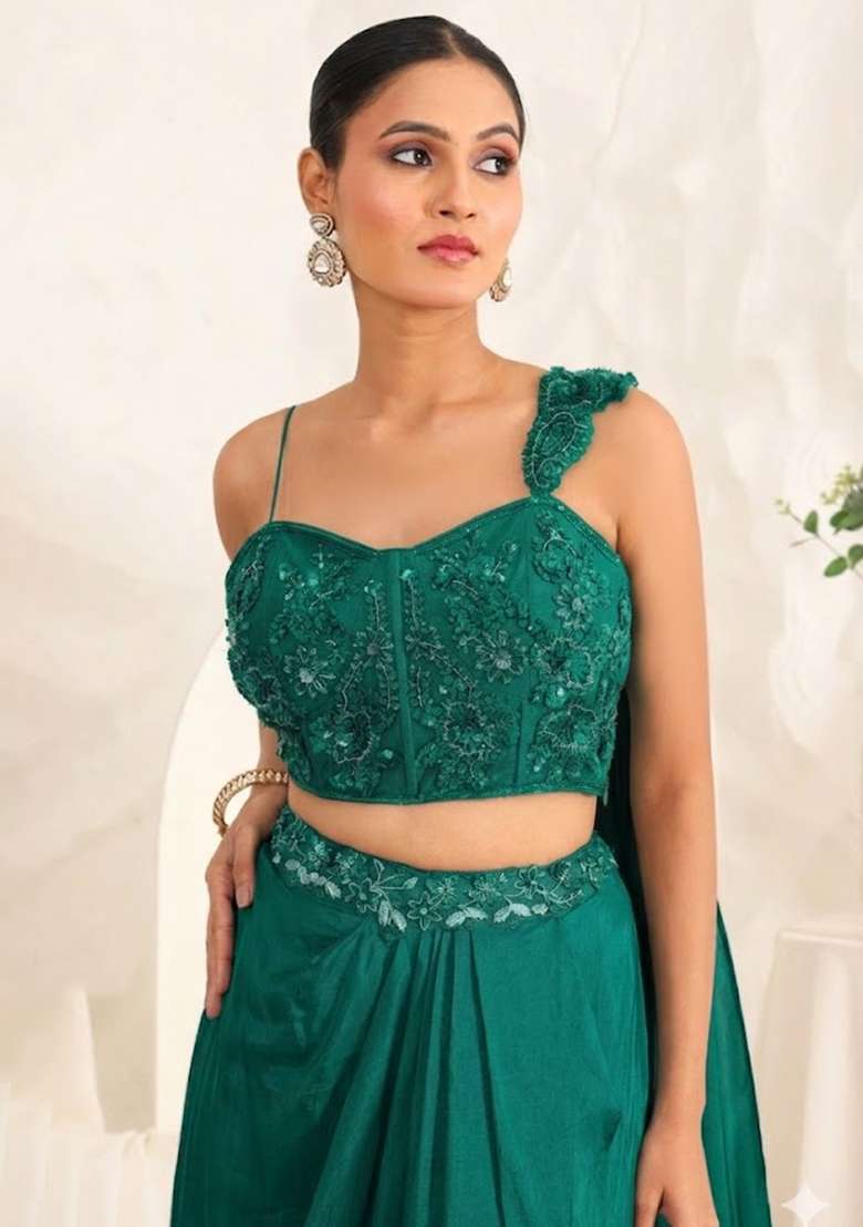 Teal Hand Work Sequin Crepe Fusion Set - Indya