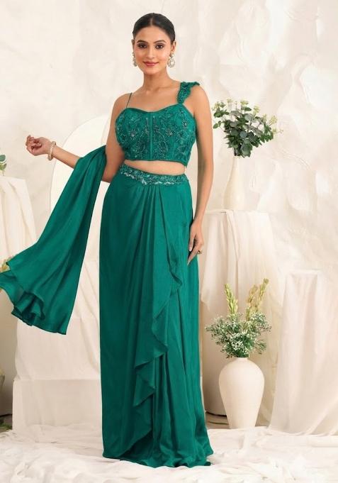 Teal Hand Work Sequin Crepe Fusion Set