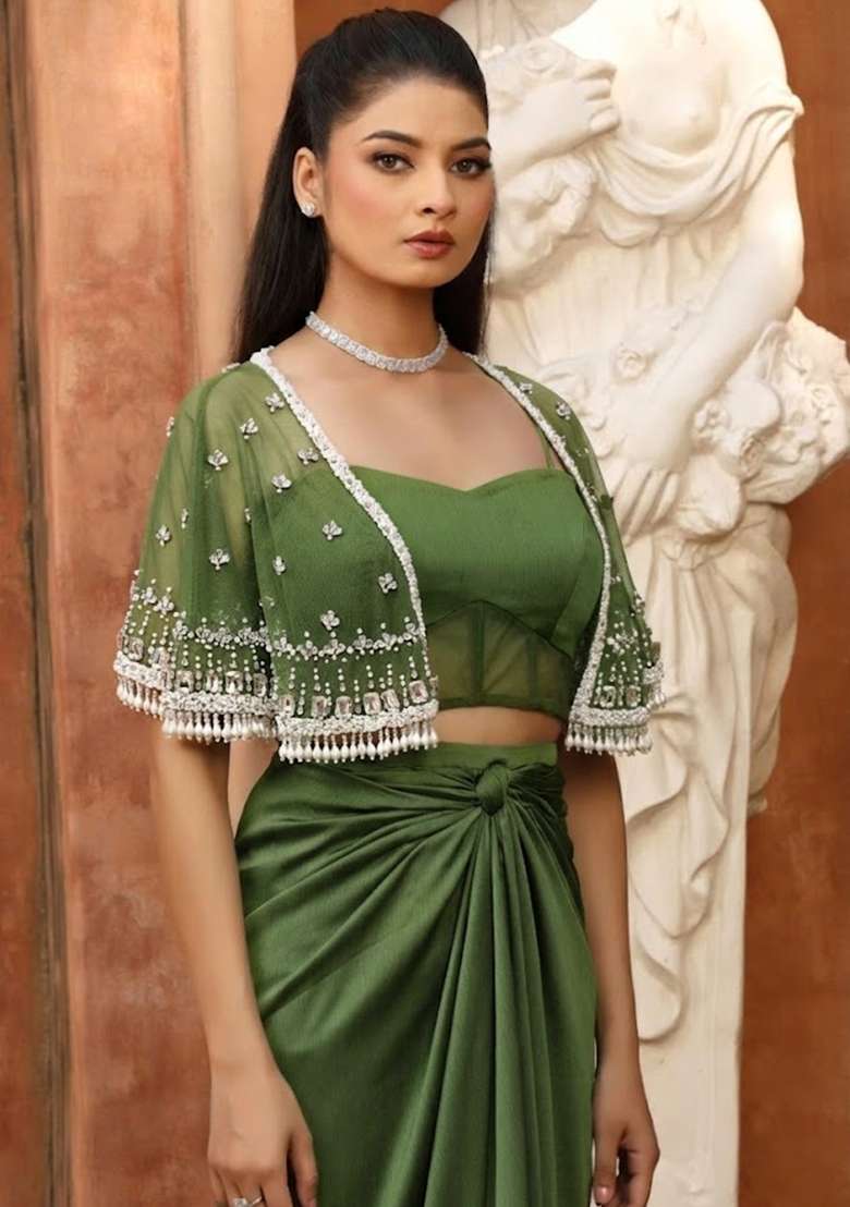 Light Green Hand Work Embellished Satin Fusion Set - Indya