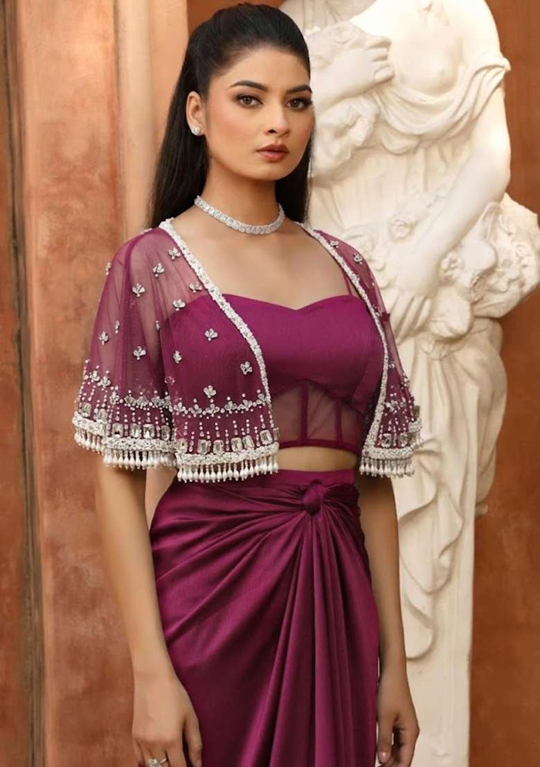 Soft Pink Hand Work Embellished Satin Fusion Set - Indya
