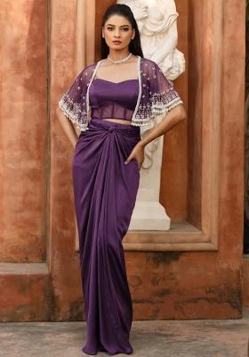 Violet Hand Work Embellished Satin Fusion Set