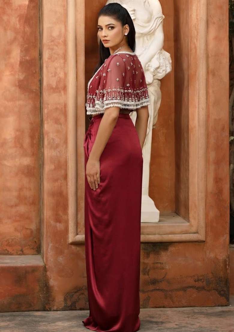 Deep Red Hand Work Embellished Satin Fusion Set - Indya