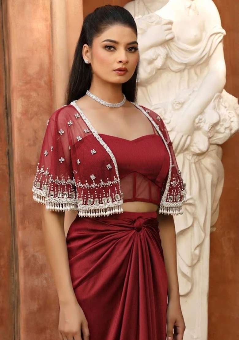 Deep Red Hand Work Embellished Satin Fusion Set - Indya