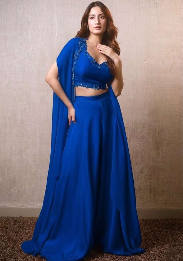 Deep Blue Hand Work Embroidered Crepe Fusion Set - Indya