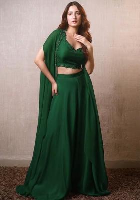 Dark Green Hand Work Embroidered Crepe Fusion Set