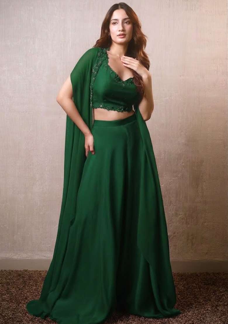 Dark Green Hand Work Embroidered Crepe Fusion Set - Indya