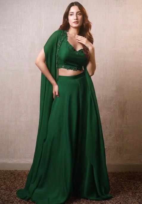 Dark Green Hand Work Embroidered Crepe Fusion Set