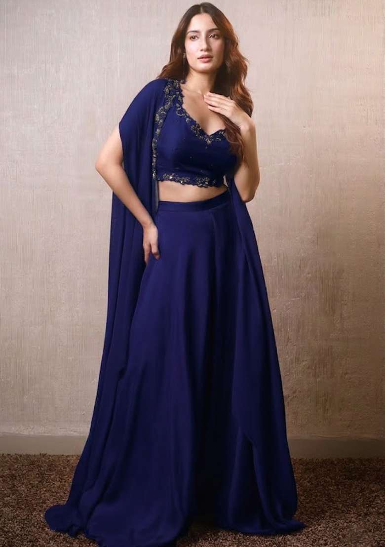 Violet Hand Work Embroidered Crepe Fusion Set - Indya