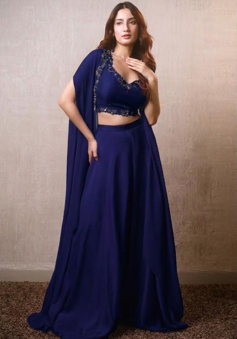 Violet Hand Work Embroidered Crepe Fusion Set