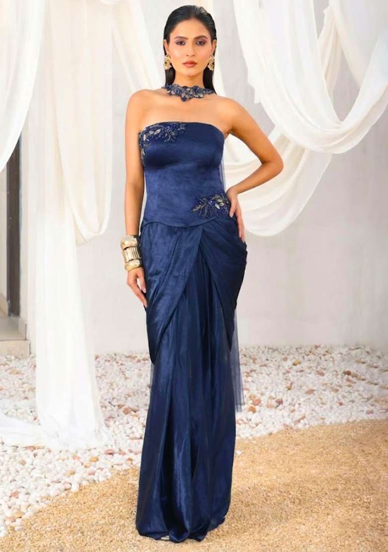 Deep Blue Hand Work Sequin Crepe Fusion Set - Indya