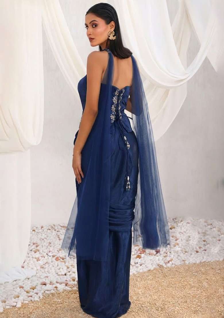 Deep Blue Hand Work Sequin Crepe Fusion Set - Indya