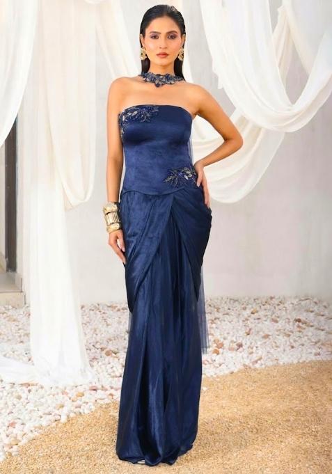 Deep Blue Hand Work Sequin Crepe Fusion Set