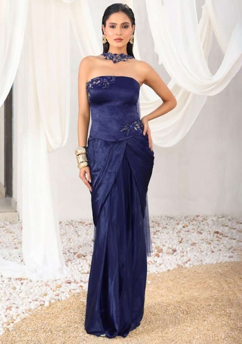 Violet Hand Work Sequin Crepe Fusion Set - Indya