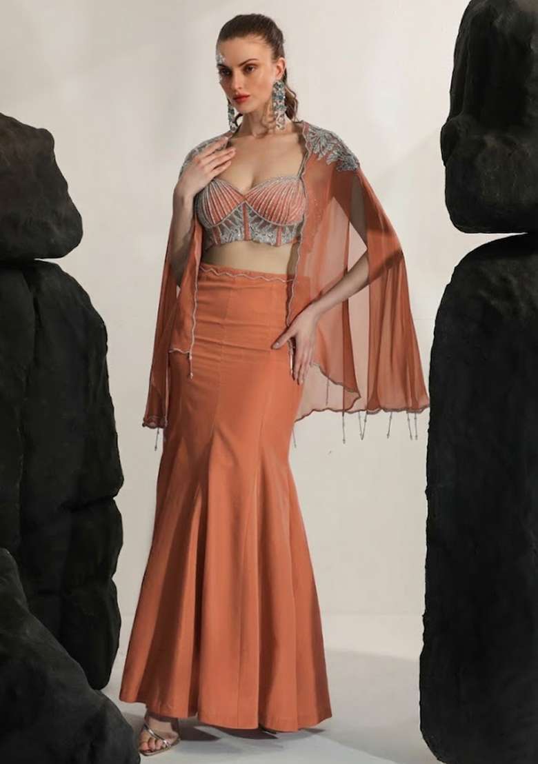 Peach Hand Work Embroidered Crepe Fusion Set - Indya