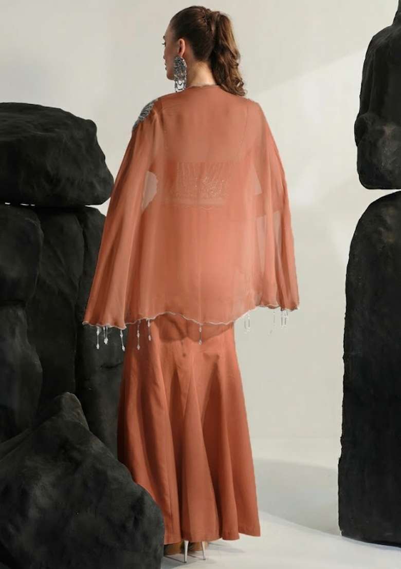 Peach Hand Work Embroidered Crepe Fusion Set - Indya