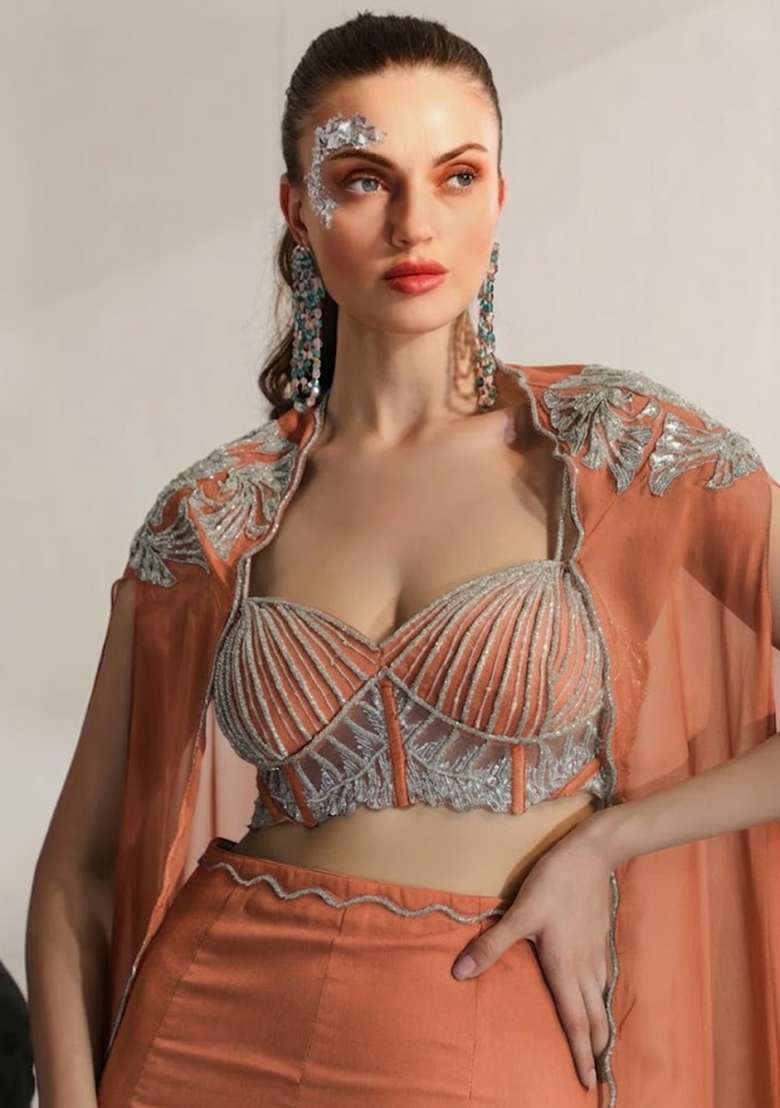 Peach Hand Work Embroidered Crepe Fusion Set - Indya