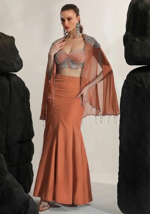 Peach Hand Work Embroidered Crepe Fusion Set