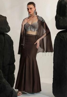 Dark Brown Hand Work Embroidered Crepe Fusion Set