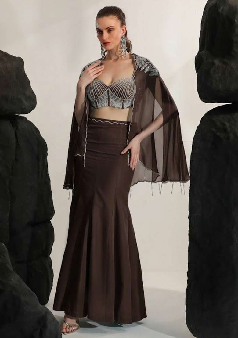 Dark Brown Hand Work Embroidered Crepe Fusion Set - Indya
