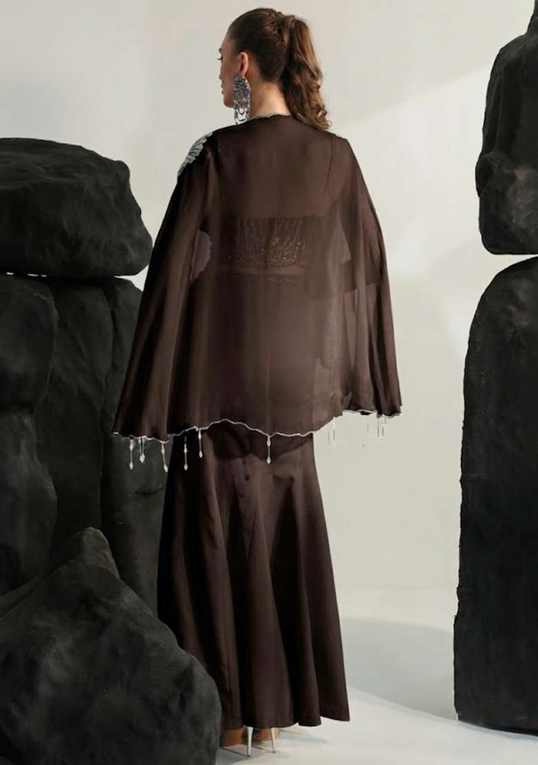 Dark Brown Hand Work Embroidered Crepe Fusion Set - Indya