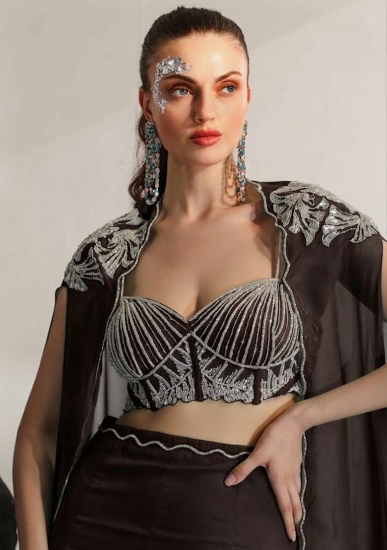 Dark Brown Hand Work Embroidered Crepe Fusion Set - Indya